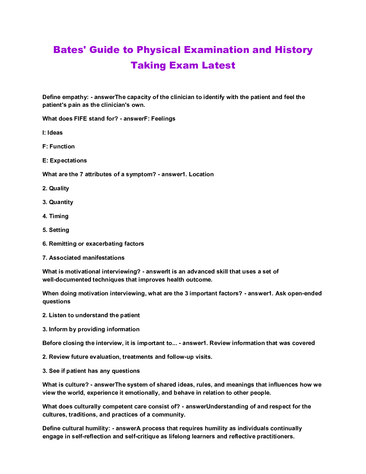 Bates' Guide to Physical Examination and History Taking Exam Latest